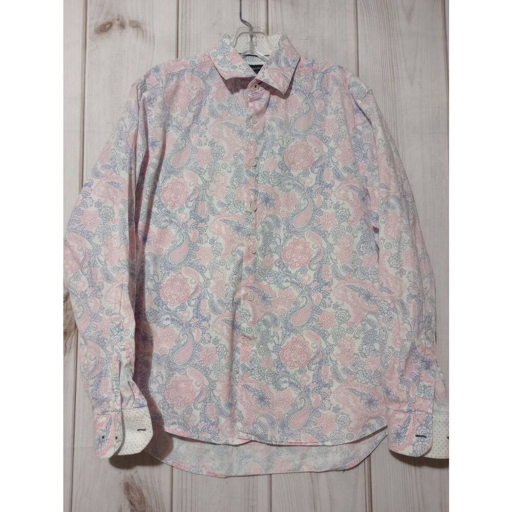 Report Collection Shirt Men's Large Slim Fit Pink Blue Button Front Short Sleeve